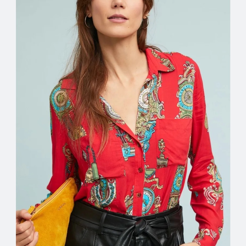 Anthropologie Maeve Whimsy Clock Button Down, Red, 10